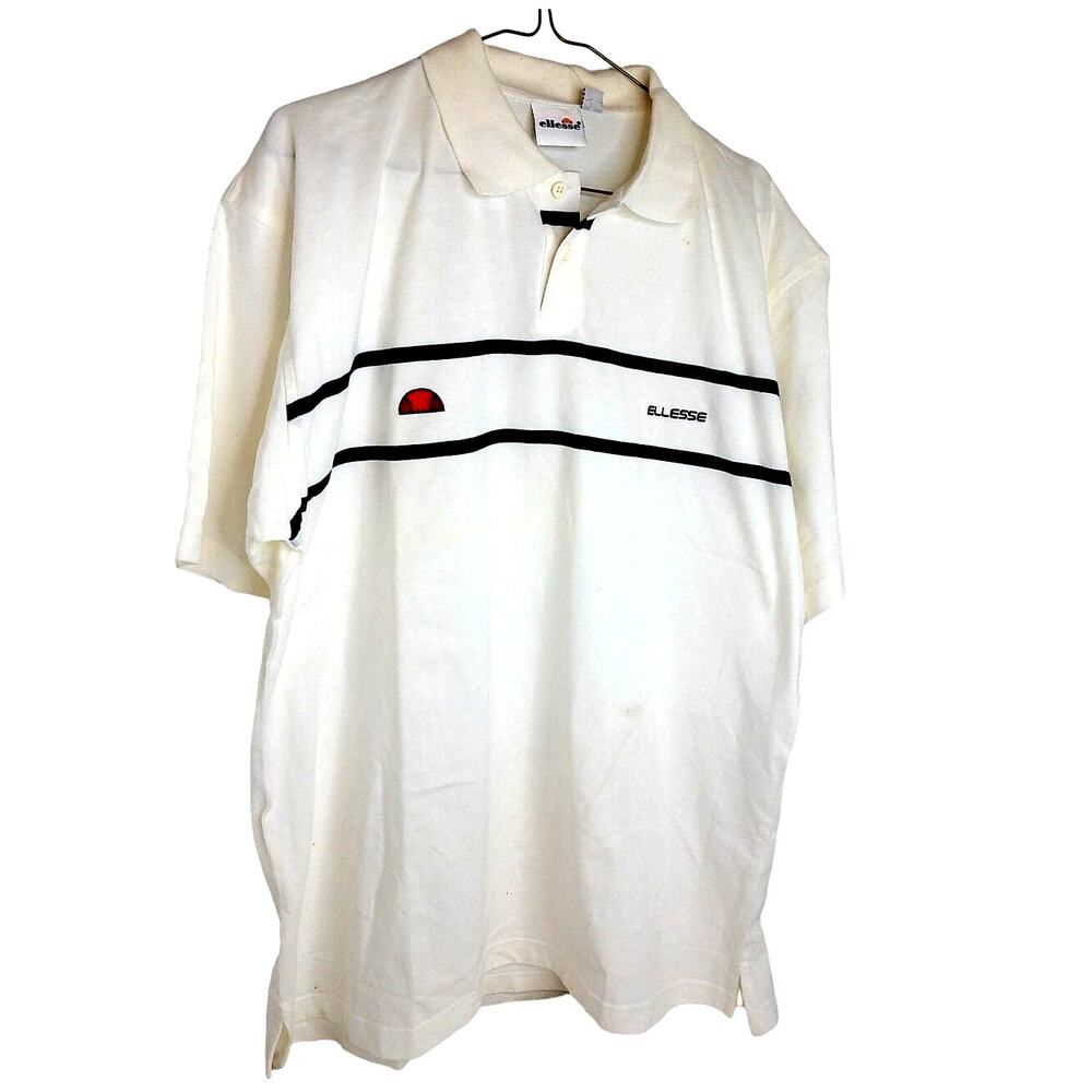 Vintage Ellesse Casella Striped White Polo Shirt Mens XL New Flaws READ